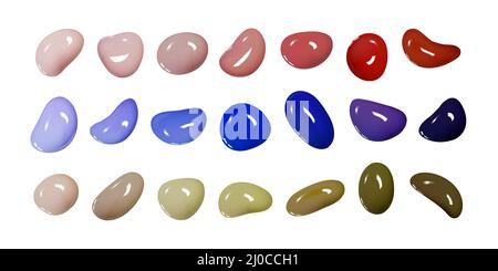 Realistische Vektor 3D Formen isoliert auf weißem Hintergrund. Satz von glänzenden mehrfarbigen Tropfen Farbe oder Lack Stock Vektor