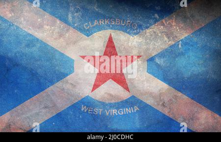 Draufsicht auf die Retro-Flagge von Clarksburg, West Virginia, ungebundene Staaten von Amerika mit Grunge-Struktur. USA Patriot und Reisekonzept. Kein Fahnenmast. Ebene Stockfoto