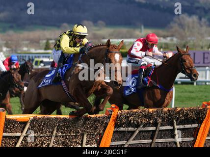 State man, der von Paul Townend auf dem Weg zum Gewinn der Handicap-Hürde von McCoy Contractors County am vierten Tag des Cheltenham Festivals auf der Cheltenham Racecourse gefahren wurde. Bilddatum: Freitag, 18. März 2022. Stockfoto