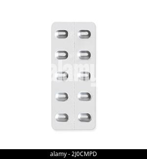 Isolierte Tablettenpillen in Blisterpackung oder Pillenpackung. Tablettenspender aus silbernem Aluminium mit 10 Packungen, die für Medikamente, Medikamente und Vitamine verwendet werden. Stockfoto