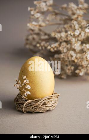 Osterei mit Blumen. Zusammensetzung der Osterkost und Platz für einen Text Stockfoto