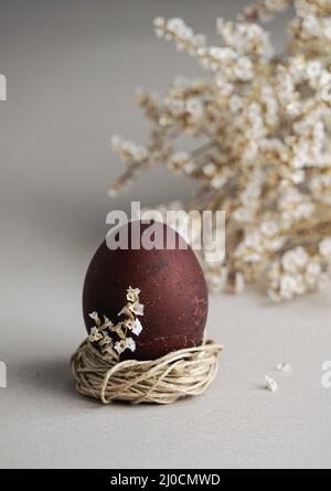 Osterei mit Blumen. Zusammensetzung der Osterkost und Platz für einen Text Stockfoto