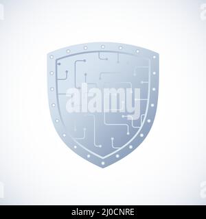 Virtual Reality Security Abstraktes Vektorzeichen, Symbolvorlage. Digital Space Safety Circuit Shield Guard. VR Cyberspace Protective Technology-Symbol Stock Vektor