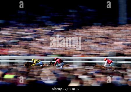 State man, der von Jockey Paul Townend auf dem Weg zum Gewinn der McCoy Contractors County Handicap-Hürde am vierten Tag des Cheltenham Festivals auf der Cheltenham Rennbahn gefahren wird. Bilddatum: Freitag, 18. März 2022. Stockfoto