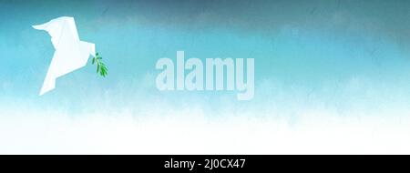 Eine weiße Taube mit einem Olivenzweig. Symbol für den Weltfrieden. Blauer Himmel mit grauem Rauch einer verbrannten Stadt. Digitale Kunst. Ort für Text oder Slogan. Stockfoto