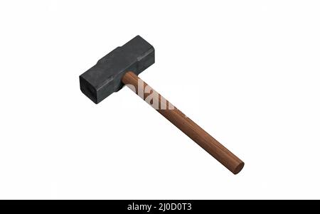 Metallischer Hammer mit weißem Hintergrund, 3D Rendering. Digitale Zeichnung des Computers. Stockfoto