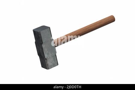 Metallischer Hammer mit weißem Hintergrund, 3D Rendering. Digitale Zeichnung des Computers. Stockfoto