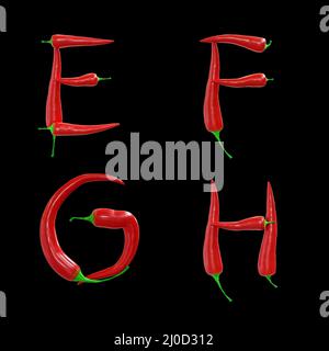 3D Darstellung von roten Chilischoten Großbuchstaben Alphabet - Buchstaben E-H Stockfoto