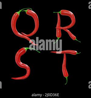 3D Darstellung von roten Chilischoten Großbuchstaben Alphabet - Buchstaben Q-T Stockfoto
