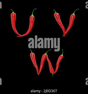 3D Darstellung von roten Chilischoten Großbuchstaben Alphabet - Buchstaben U-W Stockfoto