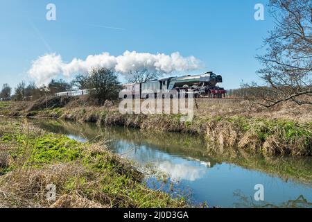 Die Dampflokomotive Flying Scotsman, die sich im Besitz des National Railway Museum befindet, fährt entlang des Flusses Stour in der Nähe von Wye durch die Landschaft von Kent Stockfoto