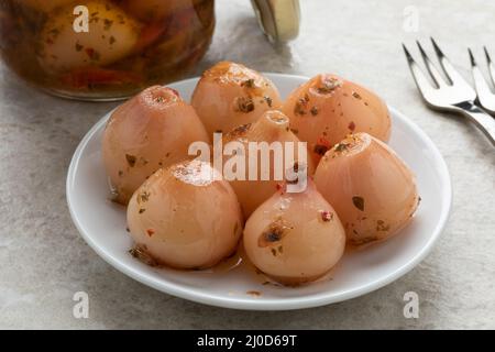 Konservierte Lampascioni, Tassel-Traube, auf einem Teller aus der Nähe als Snack Stockfoto