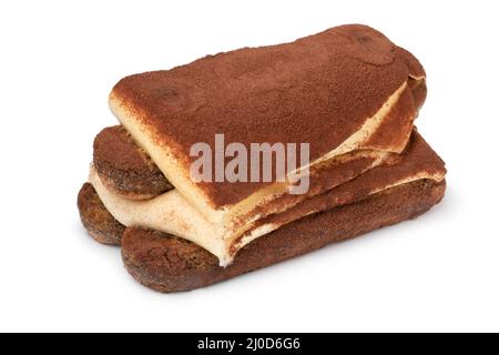 Frische traditionelle hausgemachte italienische Tiramisu Nahaufnahme isoliert auf weißem Hintergrund Stockfoto