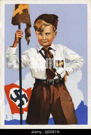 Deutsche Nazi-Propaganda, Deutsche Kinderschar NS-Frauenschaft Ansichtskarte Künstlerkarte Drittes Reich Nazi-Propaganda Postkarte. Künstlersignatur wem. Stockfoto