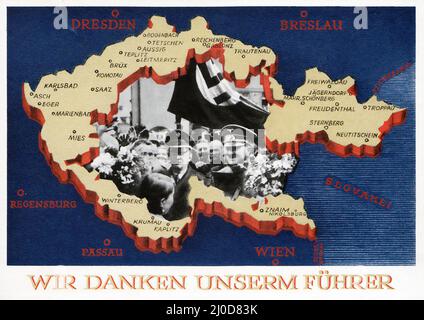 Deutsche Nazi-Propaganda - Briefpapier - P 275 - zurück - Karte des Deutschen Reiches. Wir Danken Unserem Führer. Stockfoto