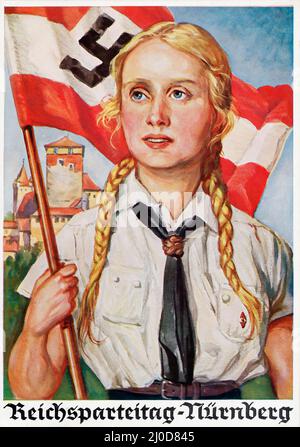 Deutsche Nazi-Propaganda - Reichsparteitag Nürnberg Postkarte Ansichtskarte, blonde Nazi-Frau - Postkarte 1936 - Kunstwerk von Richard Borrmeister. Stockfoto