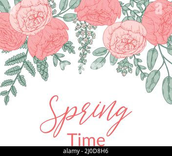 Sanftes Frühlingsdessin mit floralen Elementen. Handgezeichnete Vektorgrafik Stock Vektor