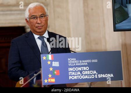 Rom, Italien. 18. März 2022. Der Premierminister von Portugal Antonio Costa während eines Treffens von Italien, Spanien, Portugal und Griechenland in der Villa Madama. Rome (Italien), März 18. 2022Photo Samantha Zucchi Insidefoto Credit: Insidefoto srl/Alamy Live News Stockfoto