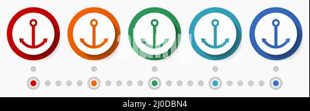 Anker, Boot, Schiff Konzept Vektor-Symbol-Set, flaches Design bunte Tasten, Infografik Vorlage in 5 Farboptionen Stock Vektor