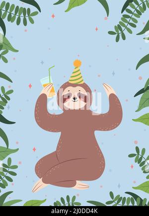 Cartoon Faultier Karte, glücklich Faultiere schlafen oder hängen von Baum. Niedliche Poster mit müde faulen Tierfiguren und lustigen Phrasen Vektor-Set. Gratulation Geburtstag Text Grußkarten Stock Vektor