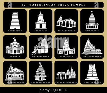 Vektor-Ikone der Shiva-Tempel von 12. 12 jyotirlingas Tempel. Shiva Tempel Ikone Illustration. Schwarz und weiß shiv mandir. Stock Vektor