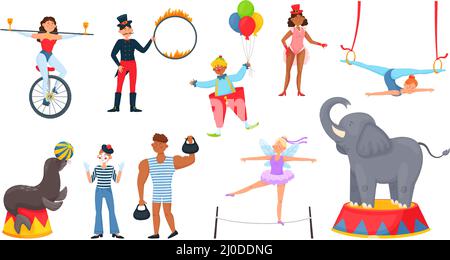 Cartoon-Zirkusfiguren, Karnevalskünstler, ausgebildete Tierdarsteller. Zirkuselefant, Robbe, Clown, akrobatin, Zauberer, Jongleur-Vektor-Set. Menschen, die Tricks in Unterhaltungsshow ausführen Stock Vektor