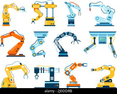 Industrielle Roboter Arm Manipulatoren, industrielle Roboter Handmaschinen. Fabrik automatisierte Arme Roboter, Fließband Maschinen Vektor-Set. Innovative Anlagen für die Produktion oder Fertigung Stock Vektor