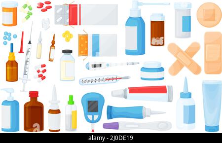 Cartoon-Medikamente in Gläsern, Pillen in Flaschen, Apothekendrogen. Medizinische Tabletten, Kapseln in Blasen, Sprays, Antibiotika, Vitamine Vektor-Set. Gesundheits- und medizinische Hilfsgegenstände für die Drogerie Stock Vektor