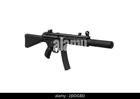 Maschinenpistole MP5. Kleine gezogene automatische Waffe Kaliber 9mm. Bewaffnung der Polizei und der Spezialeinheiten. Isolieren auf weißem Hintergrund. Stockfoto