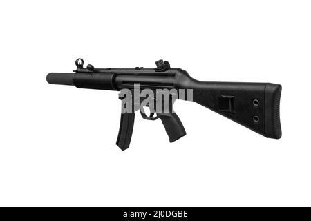 Maschinenpistole MP5. Kleine gezogene automatische Waffe Kaliber 9mm. Bewaffnung der Polizei und der Spezialeinheiten. Isolieren auf weißem Hintergrund. Stockfoto