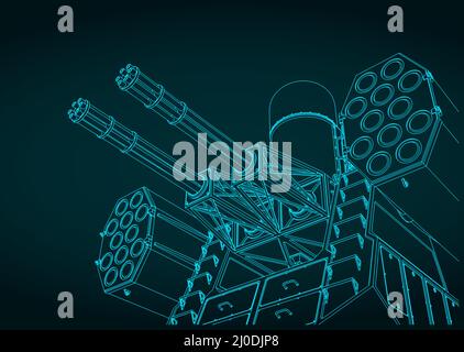 Stilisierte Vektordarstellung des schiffsgestützten Flak-Raketensystems Stock Vektor