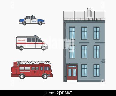 Rettungsdienste Feuerwehrauto, Krankenwagen und Polizeiwagen in der Nähe eines Wohnhauses flache Vektor-Illustration Stock Vektor