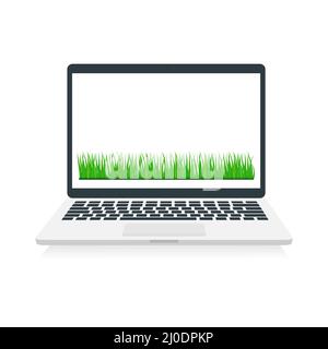 Laptop mit grünem Gras auf weißem Bildschirm. Modernes Computergerät mit Kopierplatz. Stock Vektor