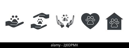 Tatzen-Aufdruck und People Hands Icon-Kollektion. Schild für die Tierklinik. Konzept der Tierrechte. Charity und freiwillige schwarze Silhouette Symbole gesetzt Stock Vektor