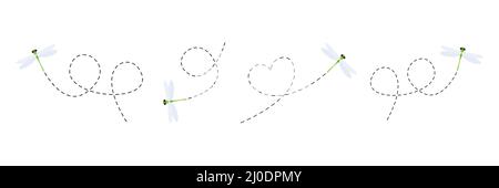 Niedliche Libellen mit gepunkteter Linienroute. Grüne Libelle flattern Stock Vektor