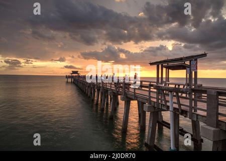 Rosa und lila Sonnenuntergang über dem Naples Pier an der Golfküste von Naples, Florida Stockfoto