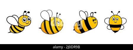 Bee Cartoon fliegende Charakter-Set. Happy niedlichen Bienen mit großen Augen Sammlung. Stock Vektor