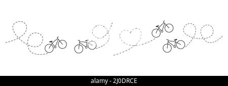 Laufleistung für das Fahrrad mit Startpunkt. Fahrrad und Route. Symbol für Reiseziel. Stock Vektor