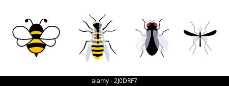 Niedliches, flaches Insektencharacter-Set. Niedliche Biene, Wespe, Fliege und Mücke. Stock Vektor