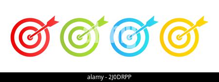 Bogenschießen Ziel bunte Symbol gesetzt. Ziel-Symbole mit Pfeil-Pfeil-Sammlung. Darts-Spielelemente. Stock Vektor