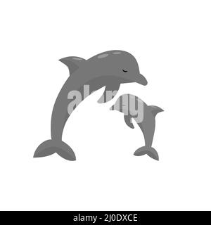 Entzückende Delphin Mutter und Baby Vektor Illustration. Symbol für Meeressäuger. Stock Vektor