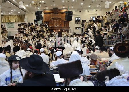 Jerusalem. 18. März 2022. Ultra-orthodoxe Juden versammeln sich, um das Buch Esther während des jüdischen Feiertages von Purim in einer Synagoge in Jerusalem am 18. März 2022 zu lesen. Purim ist ein jüdischer Feiertag, der an die Befreiung des jüdischen Volkes von Hamans Verschwörung während der Herrschaft des alten persischen Reiches gemäß dem biblischen Buch Esther erinnert. Quelle: Gil Cohen Magen/Xinhua/Alamy Live News Stockfoto