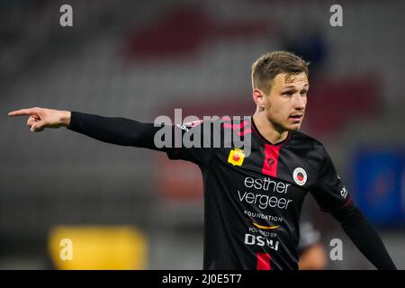 Niederlande. 18. März 2022. OSS, NIEDERLANDE - 18. MÄRZ: Reuven Niemeijer von Excelsior reagiert während des niederländischen Keukenkampioendivisie-Matches zwischen OSS UND Excelsior Rotterdam am 18. März 2022 im Frans Heesen Stadion in Oss, Niederlande (Foto: Joris Verwijst/Orange Picics) Credit: Orange Pics BV/Alamy Live News Stockfoto