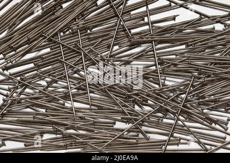 Sartorial mit Pins in Nahaufnahme. Nähnadeln, Draufsicht, flach liegend. Stockfoto