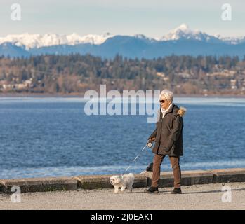 Ältere Frau, die mit Hund im Park läuft. Straßenfoto, Textbereich, selektiver Fokus-März 8,2021-Vancouver BC, Kanada Stockfoto