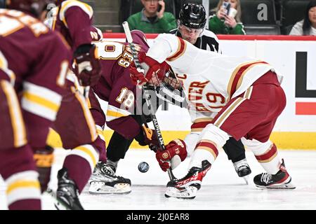 Minnesota, USA. 18. März 2022. Minnesota Duluth Bulldogs Stürmer Jesse Jacques (18) und Denver Pioneers Stürmer Cole Guttman (19) stellen sich während des Halbfinalspiels der National Collegiate Hockey Conference mit Frozen Faceoff zwischen der University of Minnesota - Duluth Bulldogs und den Pionieren der Denver University im Xcel Energy Center in St. Paul, MN, am Freitag, 18. März 2022. Quelle: Cal Sport Media/Alamy Live News Stockfoto