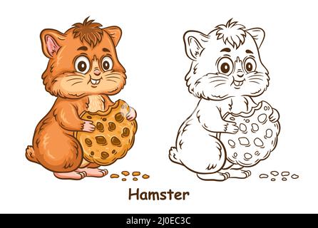 Niedliche kleine Hamster essen Cookie Kinder Malbuch Seite. Lustige Haustier Nagetier Biss süßen Keks Dessert. Tier Zeichentrickfigur. Kinderspiel. Vektor Stock Vektor