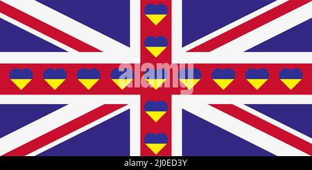 Herzen in den Farben der Flagge der Ukraine auf der Flagge von Großbritannien gemalt. Darstellung eines blauen und gelben Herzens auf dem nationalen Symbol. Stockfoto