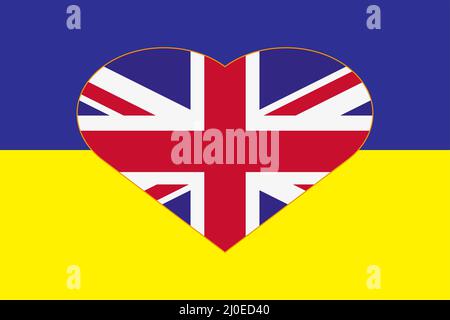 Herz in den Farben der Flagge von Großbritannien auf der Flagge der Ukraine gemalt. Illustration eines Herzens mit dem nationalen Symbol Großbritanniens auf Stockfoto