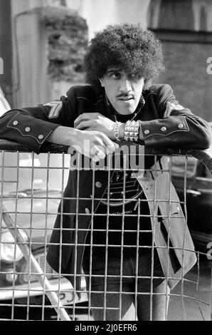 Phil Lynott, Sänger und Bassist bei der Rockgruppe Thin Lizzy.Bild aufgenommen am 22.. April 1980 Stockfoto